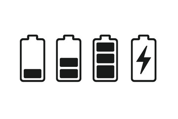 Aufkleber - Battery charge level indicator icon set. Low, medium, full and empty power status symbol. Mobile phone interface sign. Vector energy charging element for UI UX app design.