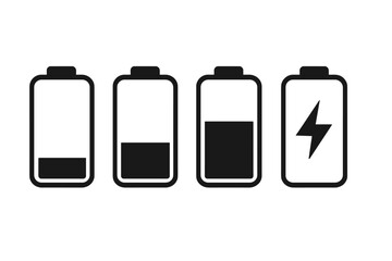 Aufkleber - Battery charge level indicator icon set. Low, medium, and full power status symbols. Includes charging battery icon for mobile app, UI, and UX design. Vector energy symbol.