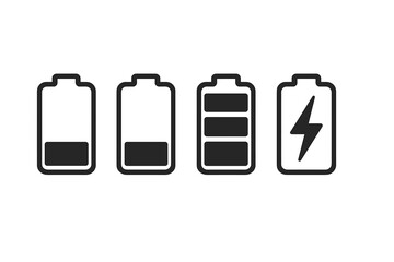 Aufkleber - Battery charge level status indicator icon set. Vector illustration of power energy symbol from low to full. Mobile app UI element with lightning charging sign. Isolated.