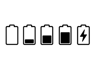 Aufkleber - Battery charge level icon set. Smartphone power status indicator collection. Mobile UI element with empty, low, medium, full, and charging energy symbols. Vector illustration.