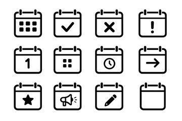 Poster - Calendar icon set for web and mobile app UI design. Vector planner symbols for business schedule, event reminder, date organizer, deadline appointment. Line pictogram collection.