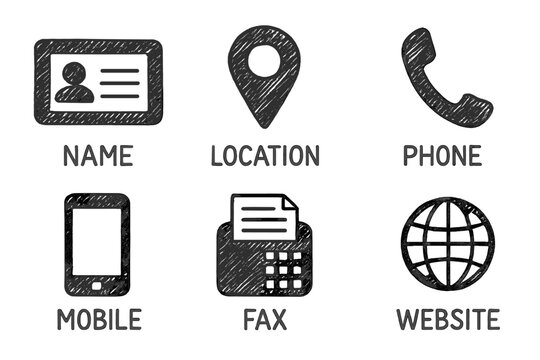 Contact us icon set. Hand-drawn business card communication symbols. Vector location pin, phone, mobile, fax, website, and name icons. Sketchy doodle line art graphic.