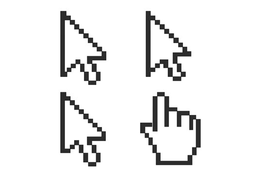 Pixelated computer mouse cursor icon set. Collection of retro 8-bit pointers. Arrow and hand symbols for web design. Click and select GUI elements. Vintage digital graphic.