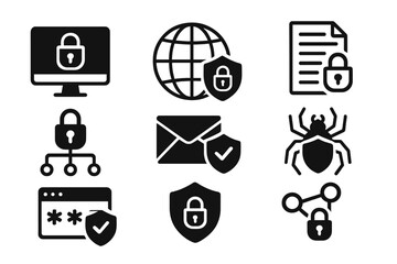 Poster - Cyber security icon set. Data and network protection symbols for app, UI, website. Computer technology defense, internet privacy, and digital safety vector illustrations.