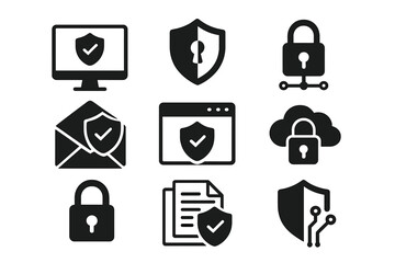 Poster - Cyber security icon set. Data and network protection symbols for app, ui, website. Computer technology protection, internet safety, secure cloud access, privacy vector icons.