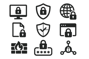 Leinwandbilder - Cyber security icon set. Data and network protection symbols for app, UI, website. Computer technology protection, internet safety, firewall, password, secure access vector.