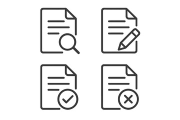 Poster - Document icon set. File management and paperwork vector symbols. Concepts of search, edit, approve, reject. Magnifying glass, pencil, checkmark, cross sign. UI UX linear pictograms.