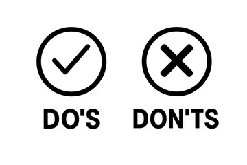 Poster - Do's and Don'ts icon set. Yes and no symbol. Tick and cross signs. Checkmark and X checklist icons. Pros and cons. Right and wrong. Accept and reject. Approved, disapproved.