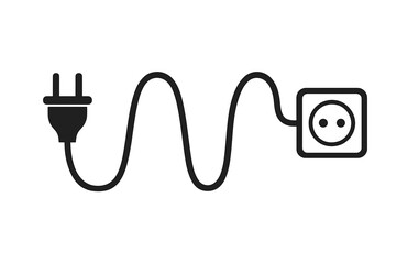 Poster - Electric Power Plug and Socket with Sine Wave Cable Shape. Vector Illustration. Electricity Connection Concept. Black Silhouette Isolated on White. Energy Supply, Power Cord, Outlet, AC Symbol