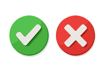 Poster - 3D Green Check Mark and Red Cross Button Icon Set. Approval and Rejection Symbol. Yes No Choice. Correct Wrong Sign. Tick and X Isolated on White. Decision Concept. Vector Illustration