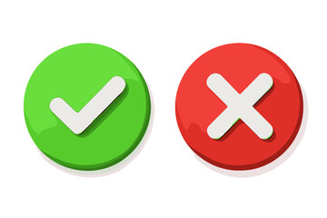 Poster - 3D Green Check Mark and Red Cross Button Icons, Approval and Rejection Symbols, Tick and X Sign, Decision Making, Yes or No Choice, Isolated on White, Vector Illustration
