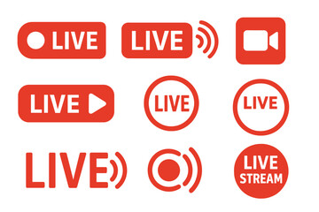 Poster - Live streaming red icon set. Vector collection of broadcasting buttons, online stream symbols, and logos. Live video player UI elements. Record and play signs isolated.