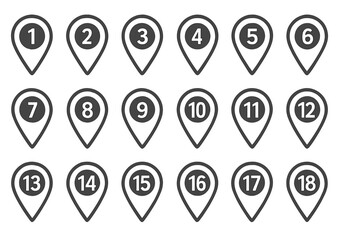 Poster - Location pin icon set with numbers. Map markers with numbers from 1 to 18. Pointer symbol collection for GPS navigation. Destination or waypoint position sign vector.