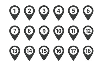Poster - Location pin icon set with numbers from one to twenty. Map marker, pointer symbol collection for navigation or GPS. Destination, waypoint signs for route. Infographic elements.