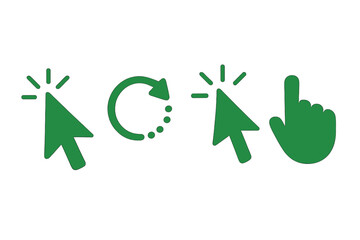 Leinwandbilder - Green Mouse Cursor Icons Set. Click Pointer, Loading Arrow, Hand Cursor. Computer, Mobile App, UI Design, Animation Elements. Vector Illustration, Web Navigation, User Interface Symbols
