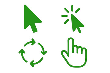 Leinwandbilder - Green Mouse Cursor Icons Set. Click Pointer, Loading Arrow, Hand Cursor for Computer, Mobile App, Animation, UI Design. Vector Illustration, User Interface Elements, Digital Navigation Symbols
