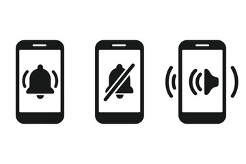 Poster - Smartphone sound mode icons set. Phone ring, vibration, and silent mode symbols for app and UI design. Notification bell and speaker volume pictograms. Vector illustration.