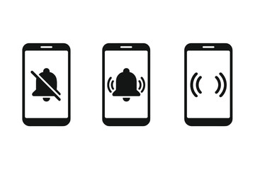 Poster - Smartphone sound profile icon set. Phone ring, silent, and vibration modes. Mobile notification bell symbols for user interface (UI) and app design. Vector illustration.