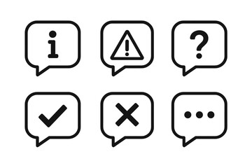 Poster - Speech Bubble Notification Icon Set: Information, Warning, Question, Check Mark, Cross, Ellipsis – Minimalist Pop-Up Symbols for App, Web, UI, Transparent Vector