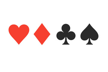 Poster - Playing Card Suits Vector Set. Heart, Diamond, Club, Spade Symbols. Red and Black Classic Casino Icons. Poker, Bridge, Gambling, Game Elements. Transparent Background. Modern Flat Illustration