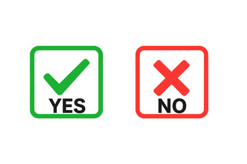 Poster - Green Check Mark and Red Cross Icon Set. Yes and No Button Symbols. Tick and X in Square Box. Decision Choice, Approval and Rejection, Correct Incorrect Mark, Vector Illustration