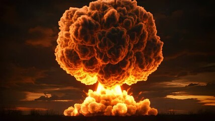 Poster - Massive fireball erupting into a towering cloud of smoke against a darkened sky in dramatic scene