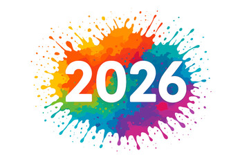 Poster - Happy New Year 2026 banner logo. Colorful paint splash background. Abstract watercolor splatter design element. Greeting card, holiday invitation, calendar, poster template.