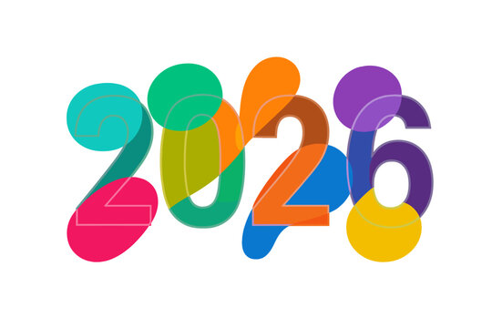 Colorful 2026 New Year text design. Modern vector graphic with transparent numbers and vibrant overlapping shapes. Abstract futuristic celebration banner and calendar element.