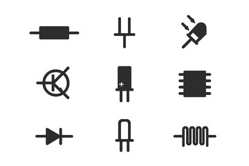 Poster - Electronic Components Vector Set. Circuit Symbols Collection. Resistor, Capacitor, LED, Transistor, Microchip, Diode, Inductor, PCB Icon. Electrical Engineering, Schematic, Technology Isolated