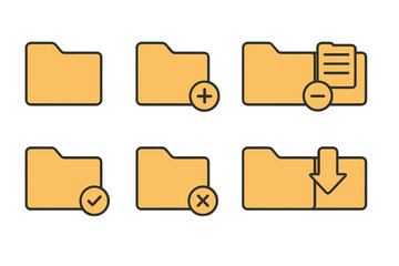 Poster - Folder Icons Set. Yellow File Folders with Add, Remove, Check, Cross, Download Symbols. Document Management, Organization, Data Storage, Archive, File System, Vector Illustration