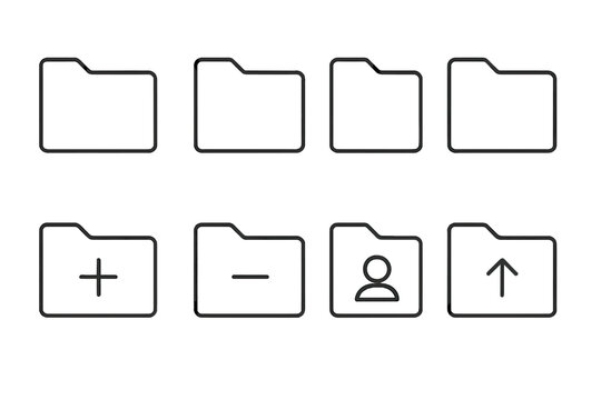 Minimal Line Folder Icon Set. Outline File Folders with Add, Remove, User, Upload Symbols. Simple Document Management, Data Organization, Storage Concept. Black Linear Vector Illustration