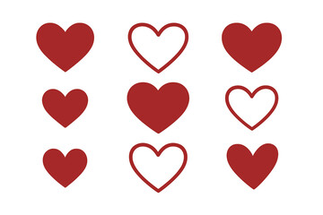 Poster - Red Heart Shape Icons Set. Filled and Outline Vector Hearts. Love Symbol Collection. Minimalist Romantic Design. Valentine’s Day, Wedding, Social Media, Like, Favorite, Transparent Background