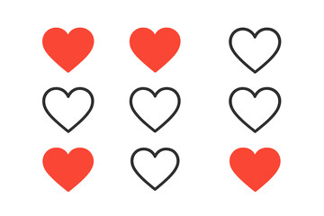 Poster - Minimalist Heart Icon Set. Red and Outline Heart Symbols. Love, Like, Favorite, Romantic, Social Media, Rating, UI Design, Valentine’s Day, Vector Isolated on White Background