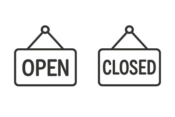 Poster - Open and closed signs vector icon set. Hanging door signs for a shop, store, or business. Welcome and sorry we're closed message. Information notice symbol illustration.
