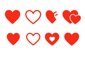 Poster - Red Heart Icon Set. Flat Love Symbol Collection. Valentine’s Day, Romantic, Social Media, Like, Favorite, Relationship, Wedding, Couple, Minimalist, Modern, Isolated Vector Illustration