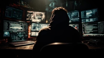 Aufkleber - Professional hacker wearing hoodie is sitting at desk and breaking code, programming virus or malware using multiple computer screens in dark room