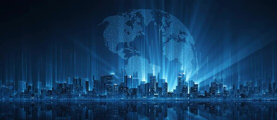 Poster - Abstract digital blue background with a city skyline and a globe in the light of sun rays Big data technology, global network concept Digital banner for a business presentation, science Generative AI
