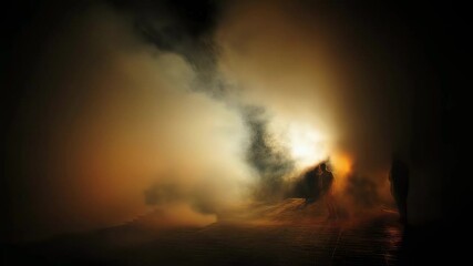 Wall Mural - Fiery entrance radiating warmth and light partially obscured by swirling dark seething smoke transporting viewers to a dreamlike dimension full of wonder and intrigue.