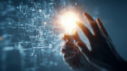 Poster - A solitary hand gripping a brilliant light bulb emanating soft light that signifies fresh ideas layered over a complex digital grid representing the synergy of technology and human