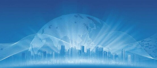 Poster - Blue gradient background with a digital globe and cityscape silhouette, a technology banner for a business or internet concept Generative AI