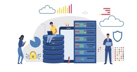 Aufkleber - Cloud hosting concept. Moving banner with entrepreneurs or workers downloading and uploading information to electronic data storage or archive. Remote server or database. Flat graphic animated cartoon
