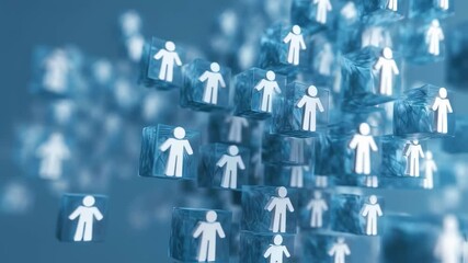 Poster - Creative illustration of interconnected human icons surrounded by geometric blocks conveying the idea of social networking and digital communication complemented by a peaceful light