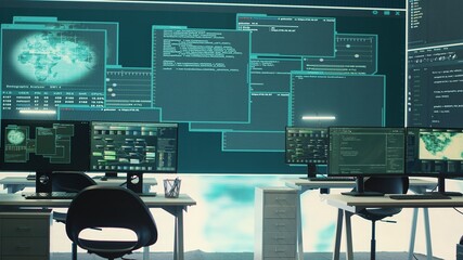 Poster - High tech governmental cyber security room without staff at work. Preventing cyber threats, phishing attacks and data breaches with advanced network security and digital protection. Camera A.