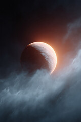 Poster - Mysterious celestial body emerging from stormy clouds. Dramatic, atmospheric, and visually stunning. Ideal for science fiction, fantasy, and conceptual designs.