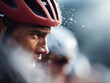 © SolaruS - Intense closeup of a determined cyclist wearing a helmet, sweat glistening, embodying endurance, focus, and physical exertion. Great for fitness or sport concepts.