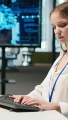 Fototapete - Vertical video Junior developer optimizing performance using AI LLM chatbot recommendations. Young woman uses artificial intelligence assistant to convert manual workflows into automated scripts