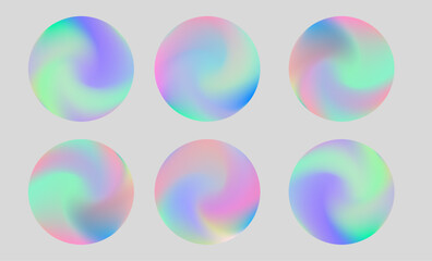 Aufkleber - Vector illustration shows round shapes with soft pastel gradients in vivid neon colors. The design features a modern, abstract, dreamy style with swirling pink, green, blue, and violet hues.