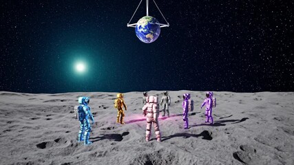 Wall Mural - colorful astronauts exploring moon surface with suspended earth model hanging from crane and bright 
