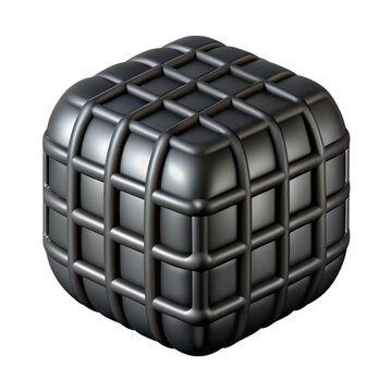 Abstract 3d rendered metallic cube shape with a gridded pattern against a black background