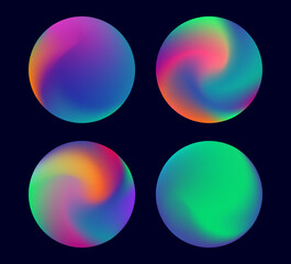 Poster - Vector illustration in a modern, abstract style features glowing spheres with neon gradients. Vivid orange, green, blue, purple, and pink swirl in soft circular shapes against a dark background.